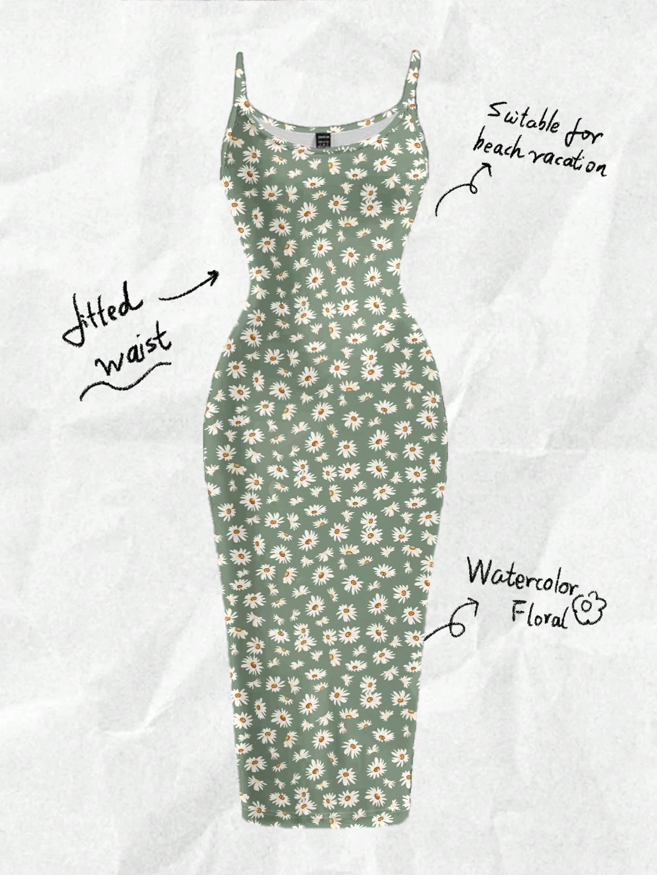 EZwear Casual Minimalist Full-Length Bodycon Camisole Dress, Suitable For Summer With Daisy Print Fitted Green Wildflower Carnival