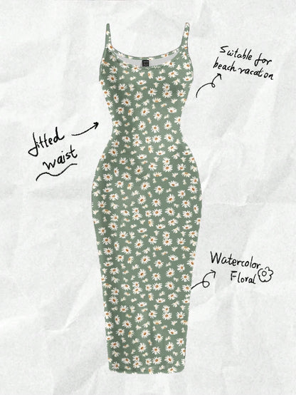 EZwear Casual Minimalist Full-Length Bodycon Camisole Dress, Suitable For Summer With Daisy Print Fitted Green Wildflower Carnival