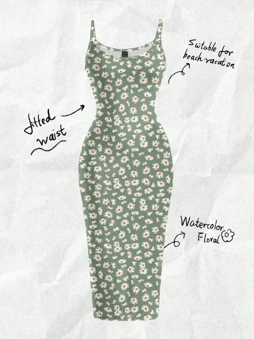 EZwear Casual Minimalist Full-Length Bodycon Camisole Dress, Suitable For Summer With Daisy Print Fitted Green Wildflower Carnival