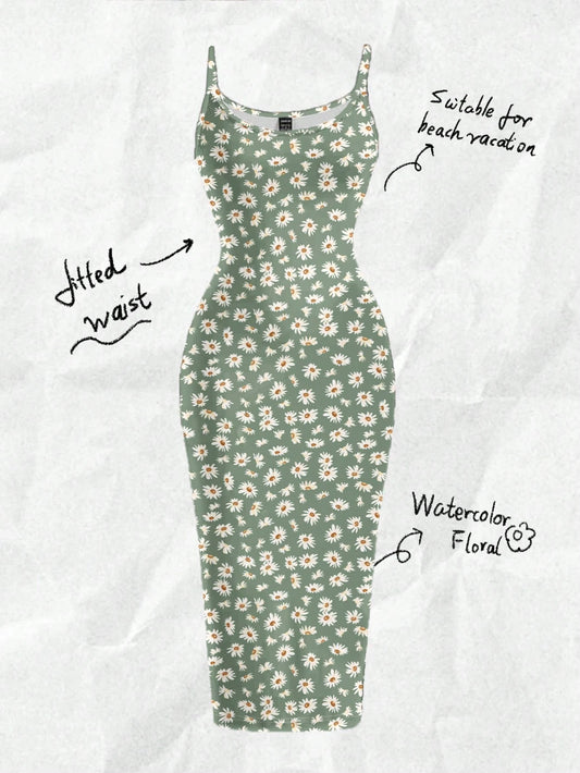 EZwear Casual Minimalist Full-Length Bodycon Camisole Dress, Suitable For Summer With Daisy Print Fitted Green Wildflower Carnival