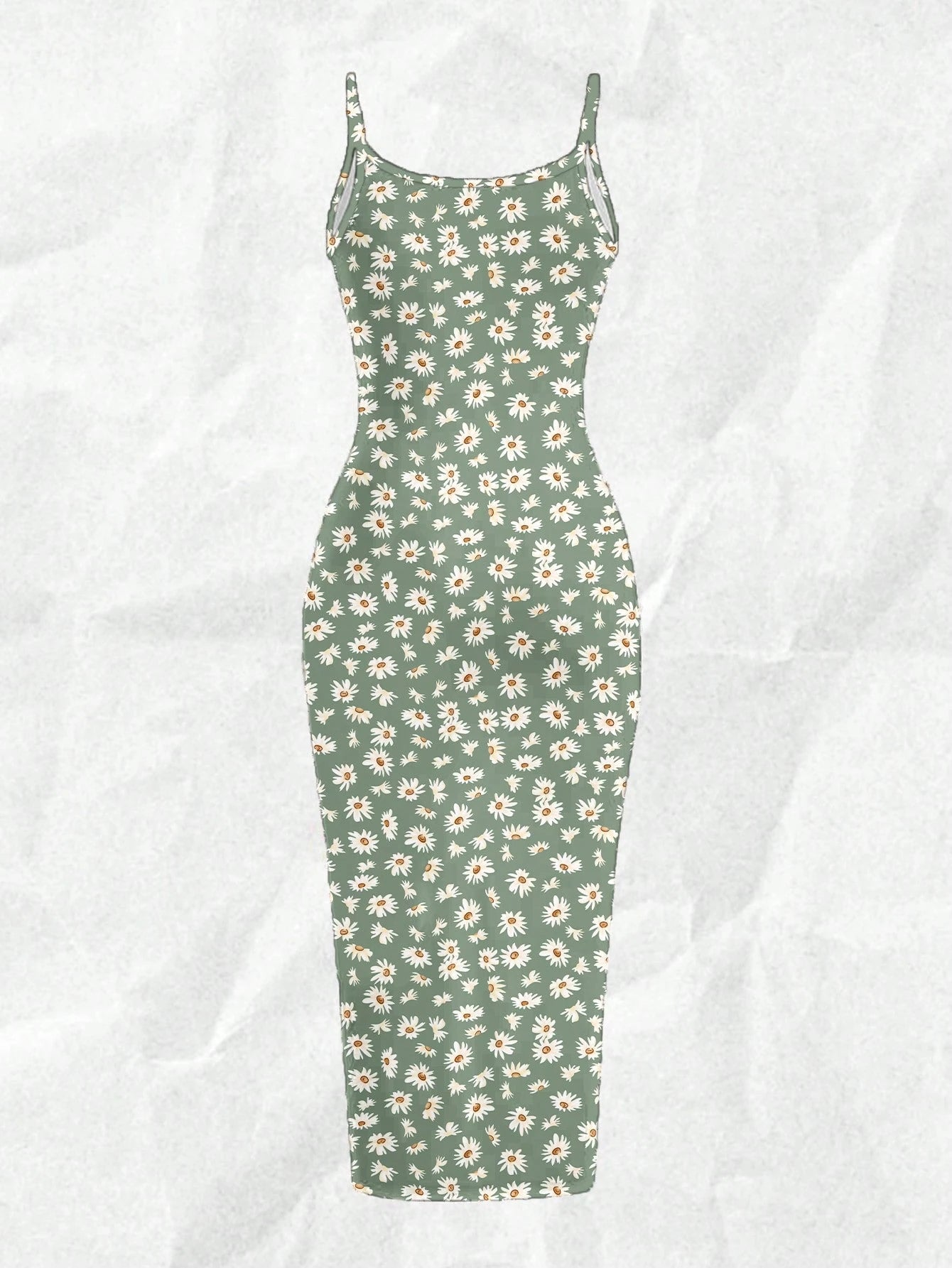 EZwear Casual Minimalist Full-Length Bodycon Camisole Dress, Suitable For Summer With Daisy Print Fitted Green Wildflower Carnival