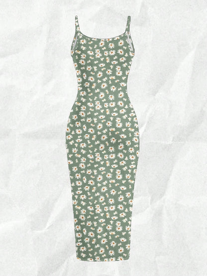 EZwear Casual Minimalist Full-Length Bodycon Camisole Dress, Suitable For Summer With Daisy Print Fitted Green Wildflower Carnival