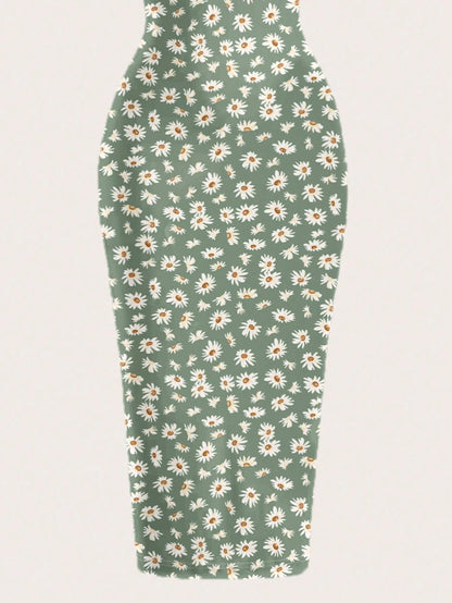 EZwear Casual Minimalist Full-Length Bodycon Camisole Dress, Suitable For Summer With Daisy Print Fitted Green Wildflower Carnival