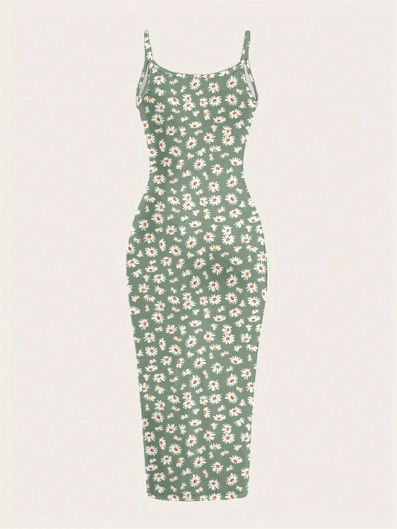 EZwear Casual Minimalist Full-Length Bodycon Camisole Dress, Suitable For Summer With Daisy Print Fitted Green Wildflower Carnival