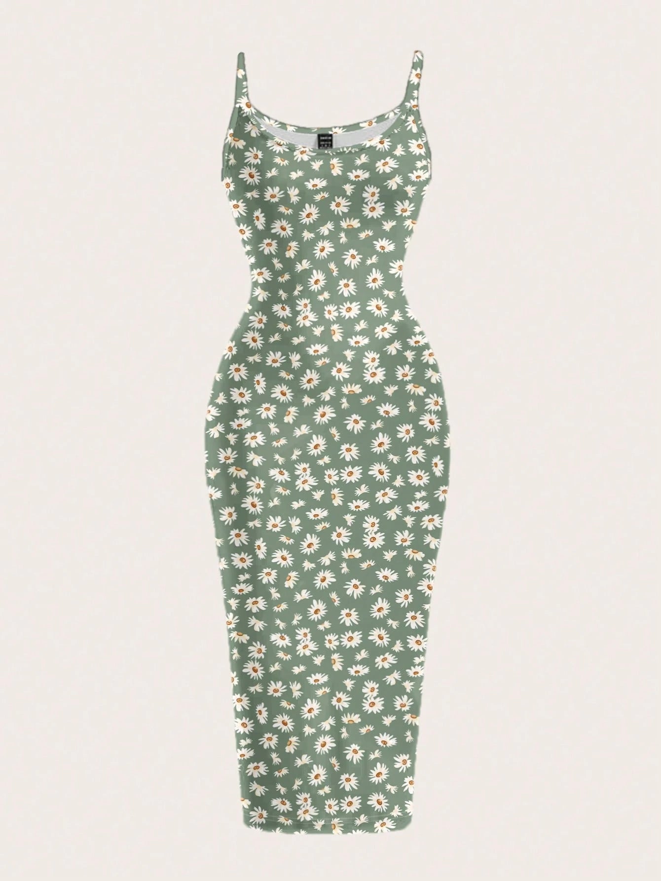 EZwear Casual Minimalist Full-Length Bodycon Camisole Dress, Suitable For Summer With Daisy Print Fitted Green Wildflower Carnival