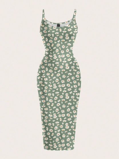 EZwear Casual Minimalist Full-Length Bodycon Camisole Dress, Suitable For Summer With Daisy Print Fitted Green Wildflower Carnival