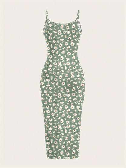 EZwear Casual Minimalist Full-Length Bodycon Camisole Dress, Suitable For Summer With Daisy Print Fitted Green Wildflower Carnival