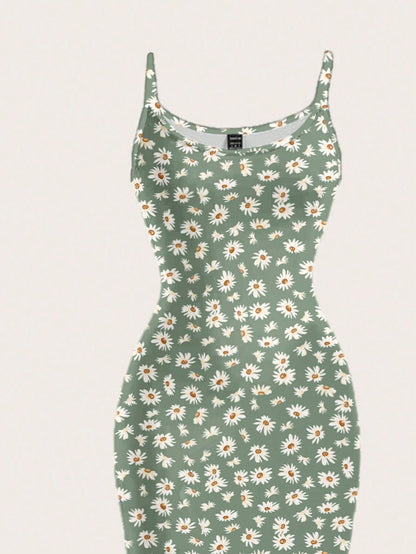 EZwear Casual Minimalist Full-Length Bodycon Camisole Dress, Suitable For Summer With Daisy Print Fitted Green Wildflower Carnival