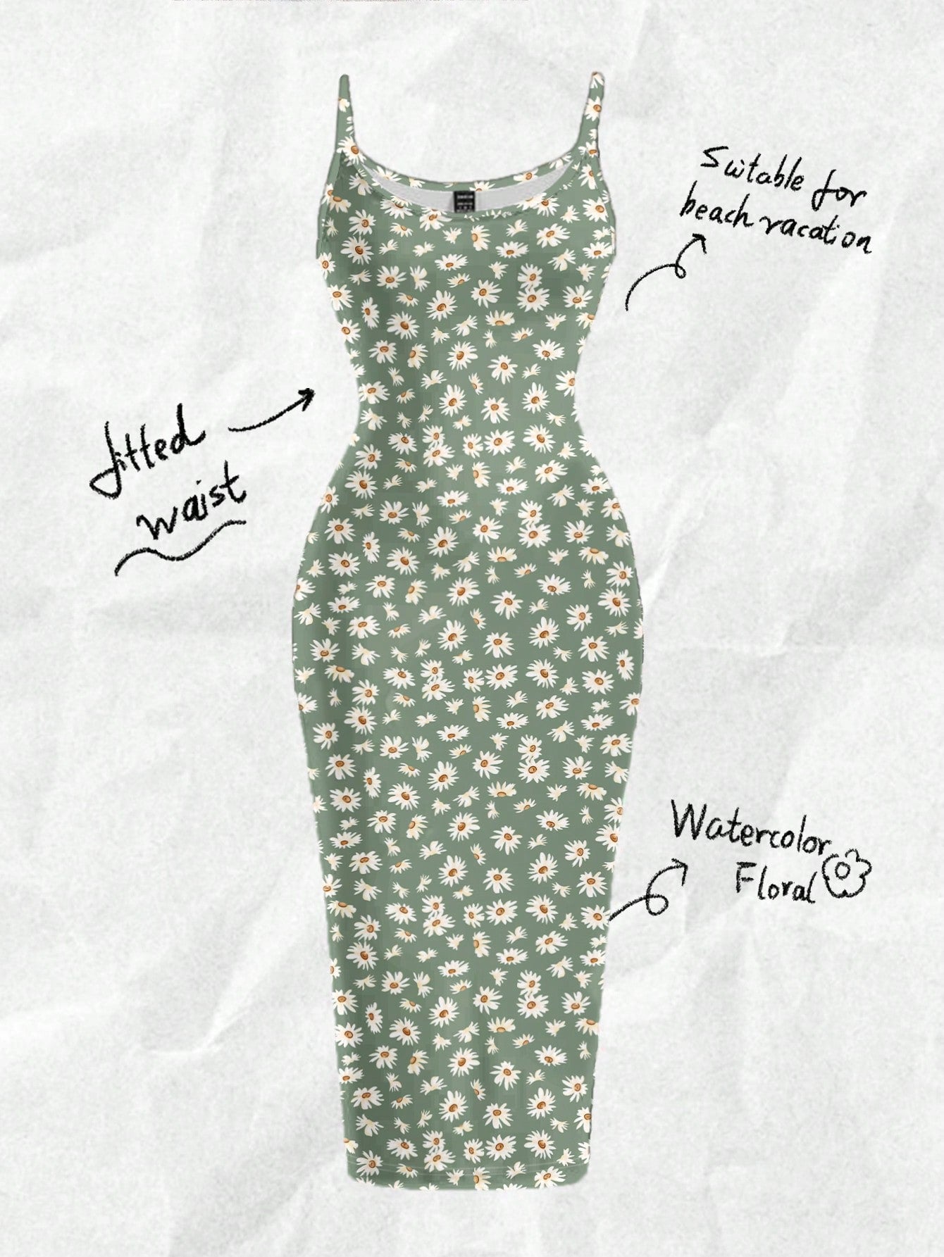 EZwear Casual Minimalist Full-Length Bodycon Camisole Dress, Suitable For Summer With Daisy Print Fitted Green Wildflower Carnival