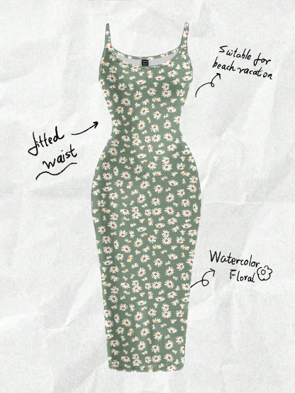 EZwear Casual Minimalist Full-Length Bodycon Camisole Dress, Suitable For Summer With Daisy Print Fitted Green Wildflower Carnival