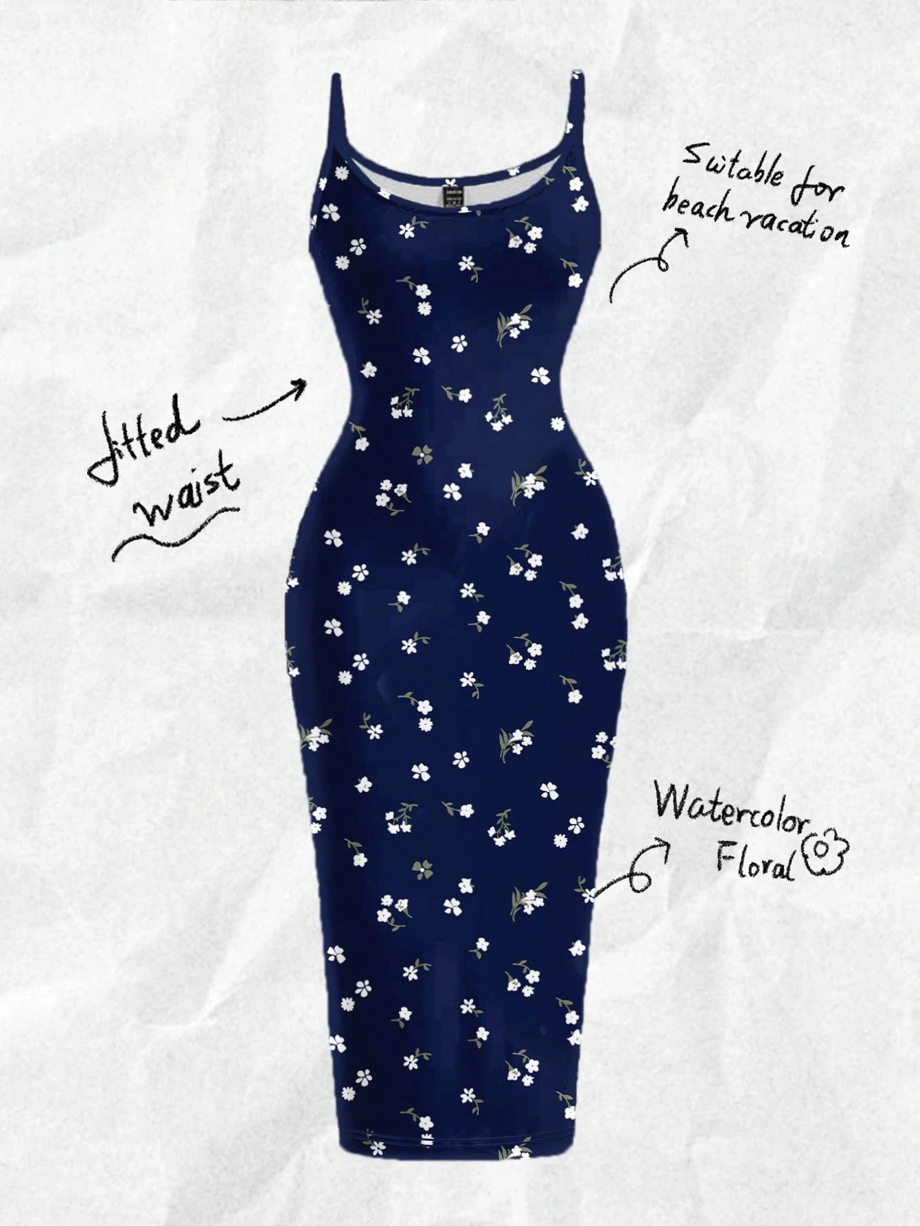 EZwear Casual Minimalist Vacation Style Blue Allover Tiny Ditsy Floral Bodycon Cami Maxi Dress, Suitable For Summer, Vacation, Beach,Summer Dresses For Women