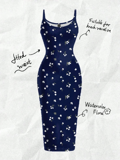 EZwear Casual Minimalist Vacation Style Blue Allover Tiny Ditsy Floral Bodycon Cami Maxi Dress, Suitable For Summer, Vacation, Beach,Summer Dresses For Women