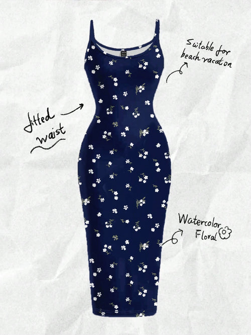 EZwear Casual Minimalist Vacation Style Blue Allover Tiny Ditsy Floral Bodycon Cami Maxi Dress, Suitable For Summer, Vacation, Beach,Summer Dresses For Women