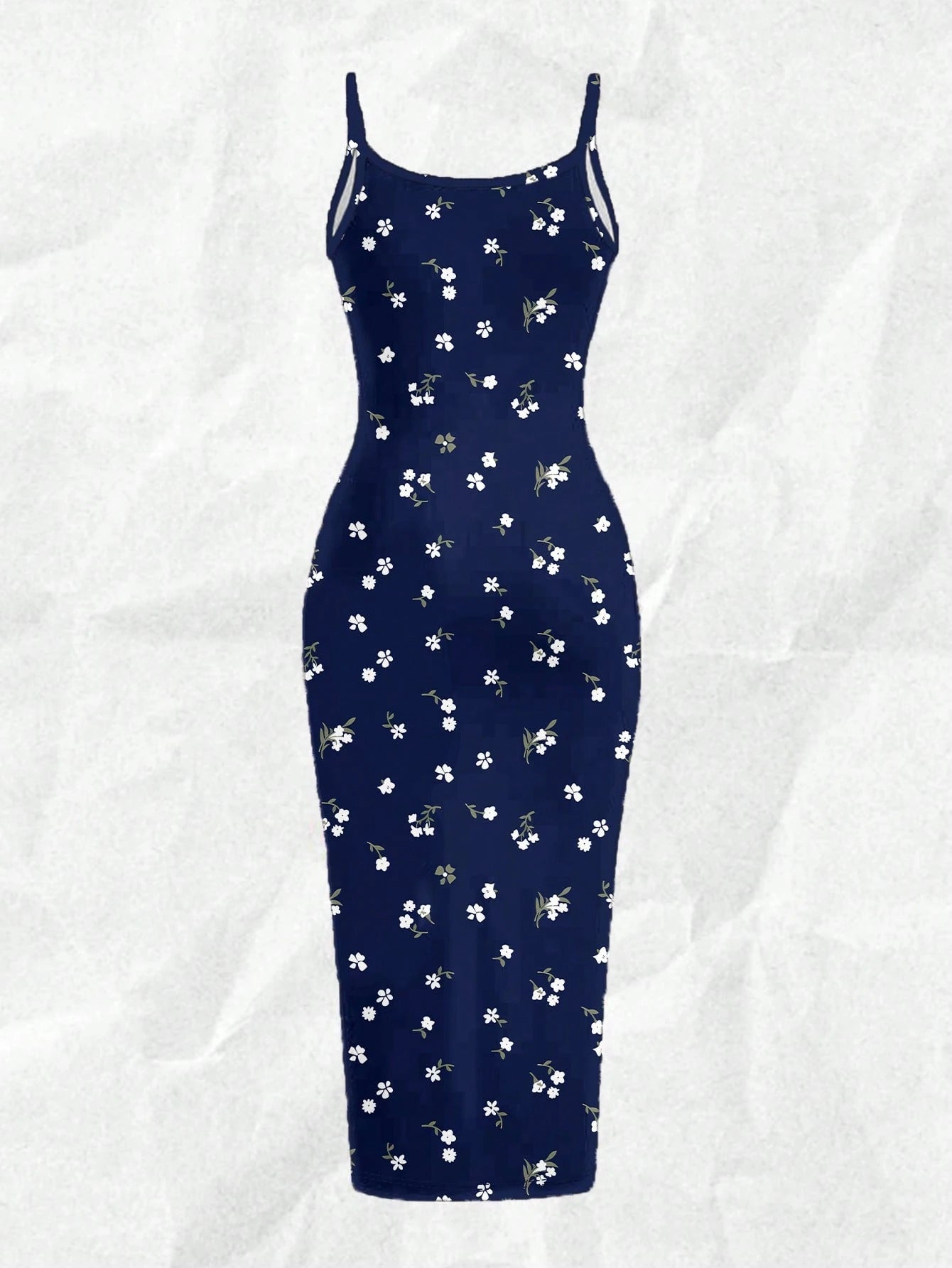 EZwear Casual Minimalist Vacation Style Blue Allover Tiny Ditsy Floral Bodycon Cami Maxi Dress, Suitable For Summer, Vacation, Beach,Summer Dresses For Women