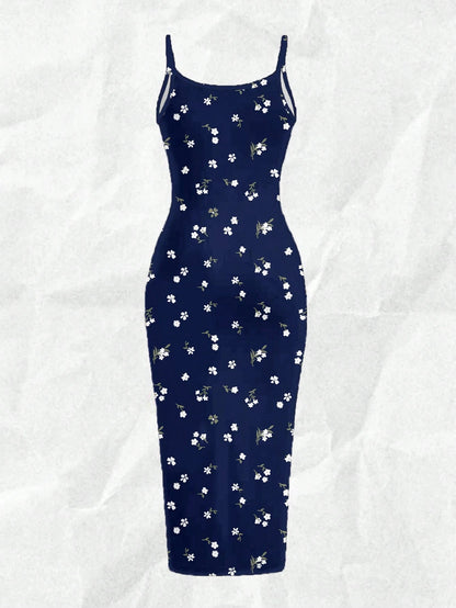 EZwear Casual Minimalist Vacation Style Blue Allover Tiny Ditsy Floral Bodycon Cami Maxi Dress, Suitable For Summer, Vacation, Beach,Summer Dresses For Women