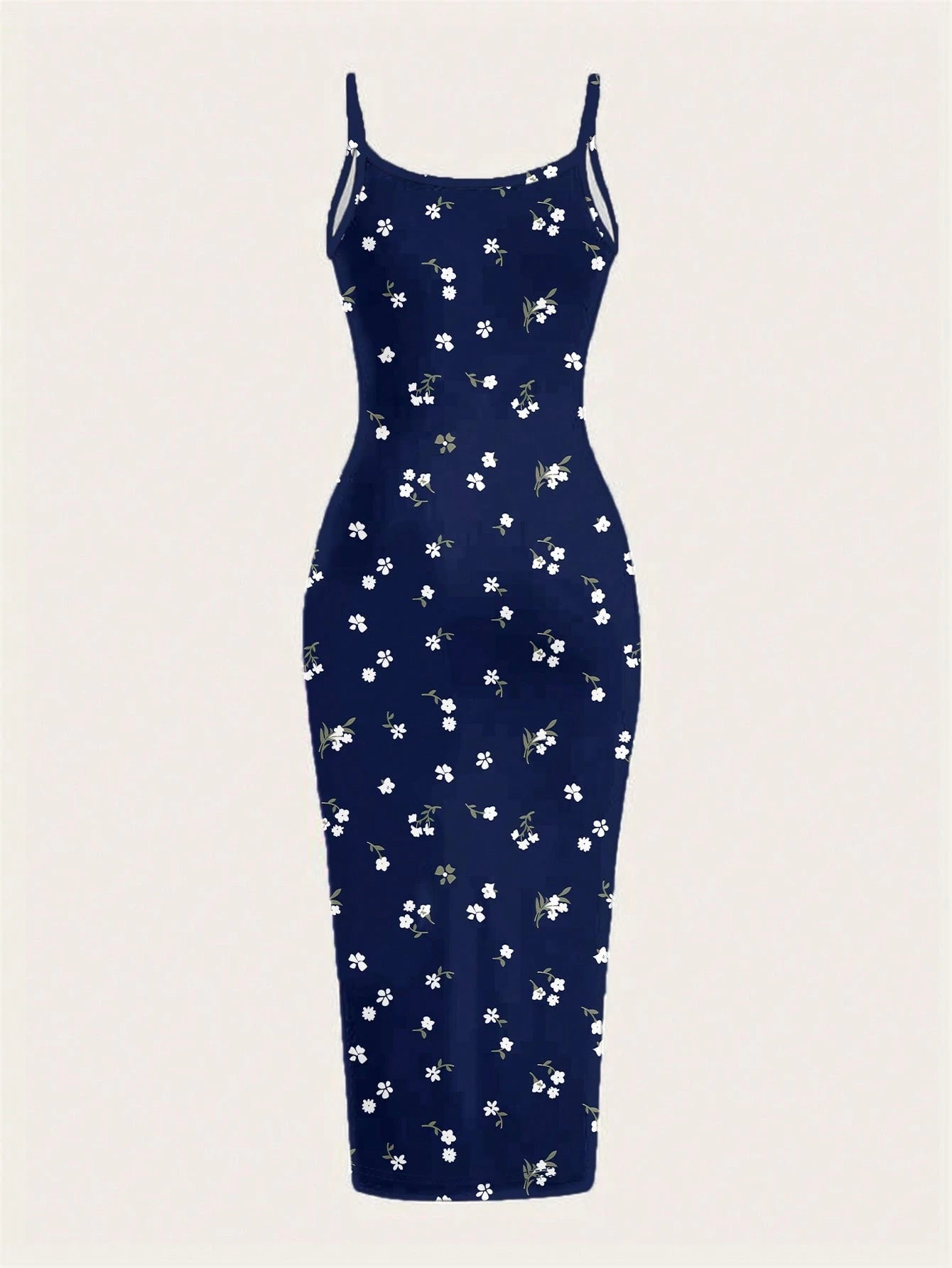 EZwear Casual Minimalist Vacation Style Blue Allover Tiny Ditsy Floral Bodycon Cami Maxi Dress, Suitable For Summer, Vacation, Beach,Summer Dresses For Women