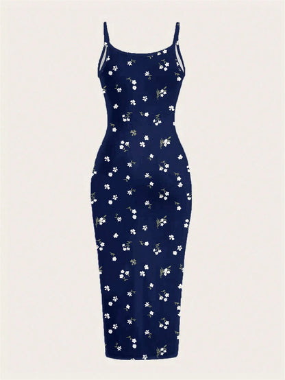 EZwear Casual Minimalist Vacation Style Blue Allover Tiny Ditsy Floral Bodycon Cami Maxi Dress, Suitable For Summer, Vacation, Beach,Summer Dresses For Women