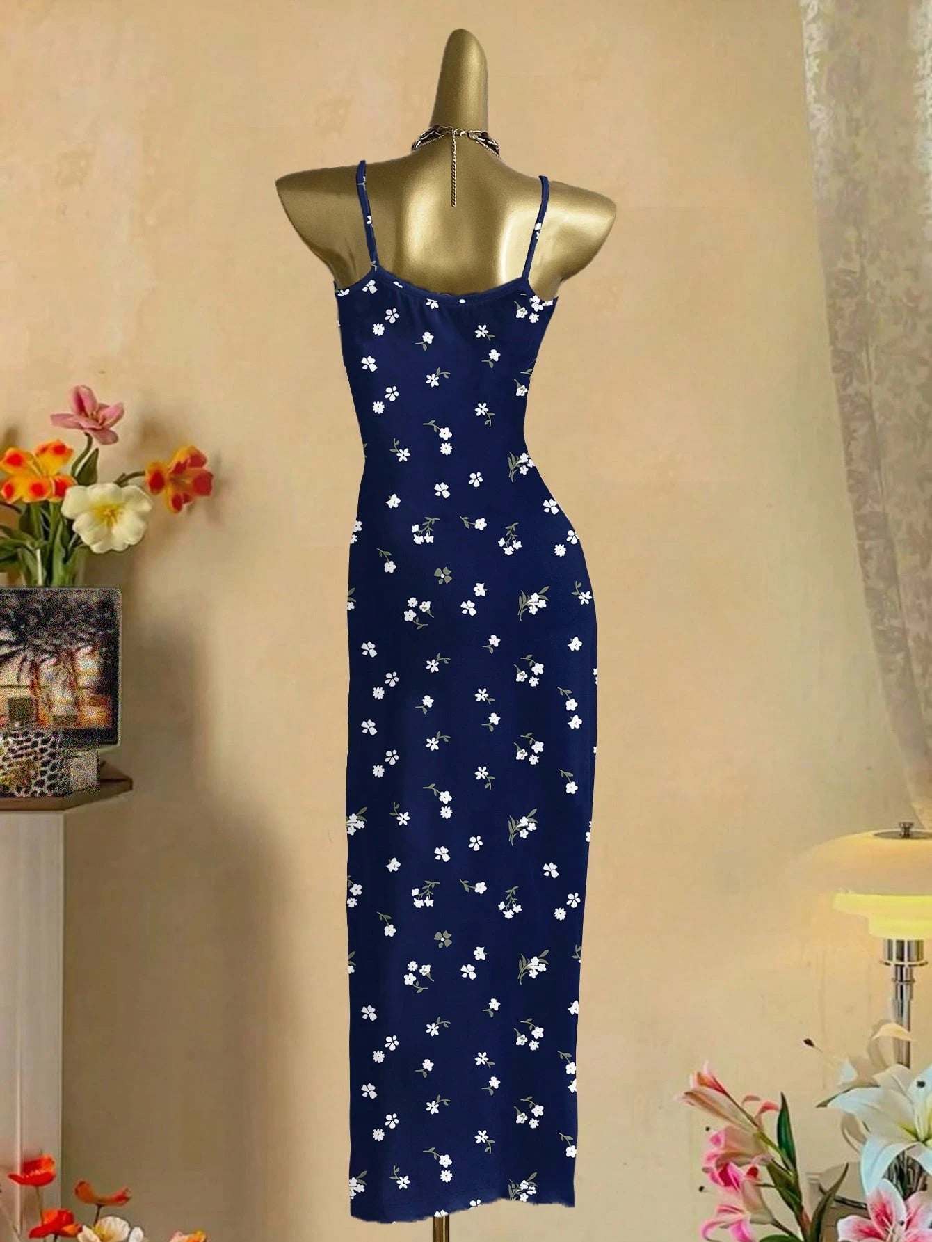 EZwear Casual Minimalist Vacation Style Blue Allover Tiny Ditsy Floral Bodycon Cami Maxi Dress, Suitable For Summer, Vacation, Beach,Summer Dresses For Women
