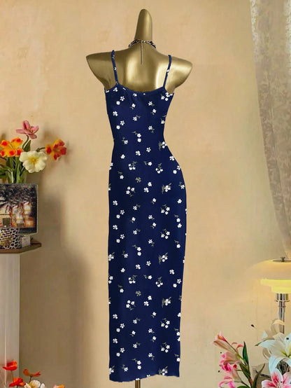 EZwear Casual Minimalist Vacation Style Blue Allover Tiny Ditsy Floral Bodycon Cami Maxi Dress, Suitable For Summer, Vacation, Beach,Summer Dresses For Women