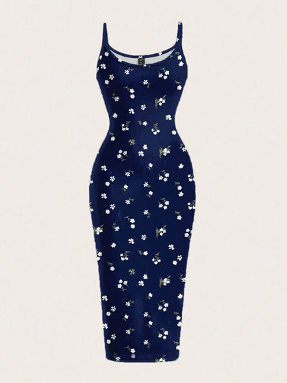 EZwear Casual Minimalist Vacation Style Blue Allover Tiny Ditsy Floral Bodycon Cami Maxi Dress, Suitable For Summer, Vacation, Beach,Summer Dresses For Women