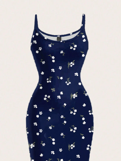 EZwear Casual Minimalist Vacation Style Blue Allover Tiny Ditsy Floral Bodycon Cami Maxi Dress, Suitable For Summer, Vacation, Beach,Summer Dresses For Women