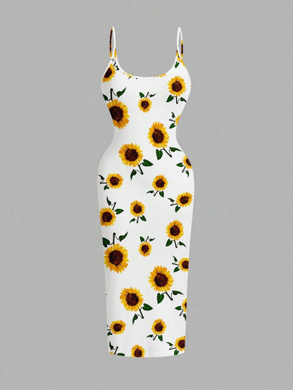 EZwear Casual Minimalist Vacation Style Blue Allover Tiny Ditsy Floral Bodycon Cami Maxi Dress, Suitable For Summer, Vacation, Beach,Summer Dresses For Women