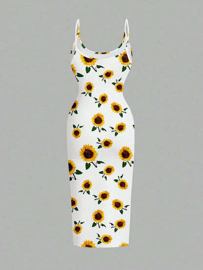 EZwear Casual Minimalist Vacation Style Blue Allover Tiny Ditsy Floral Bodycon Cami Maxi Dress, Suitable For Summer, Vacation, Beach,Summer Dresses For Women