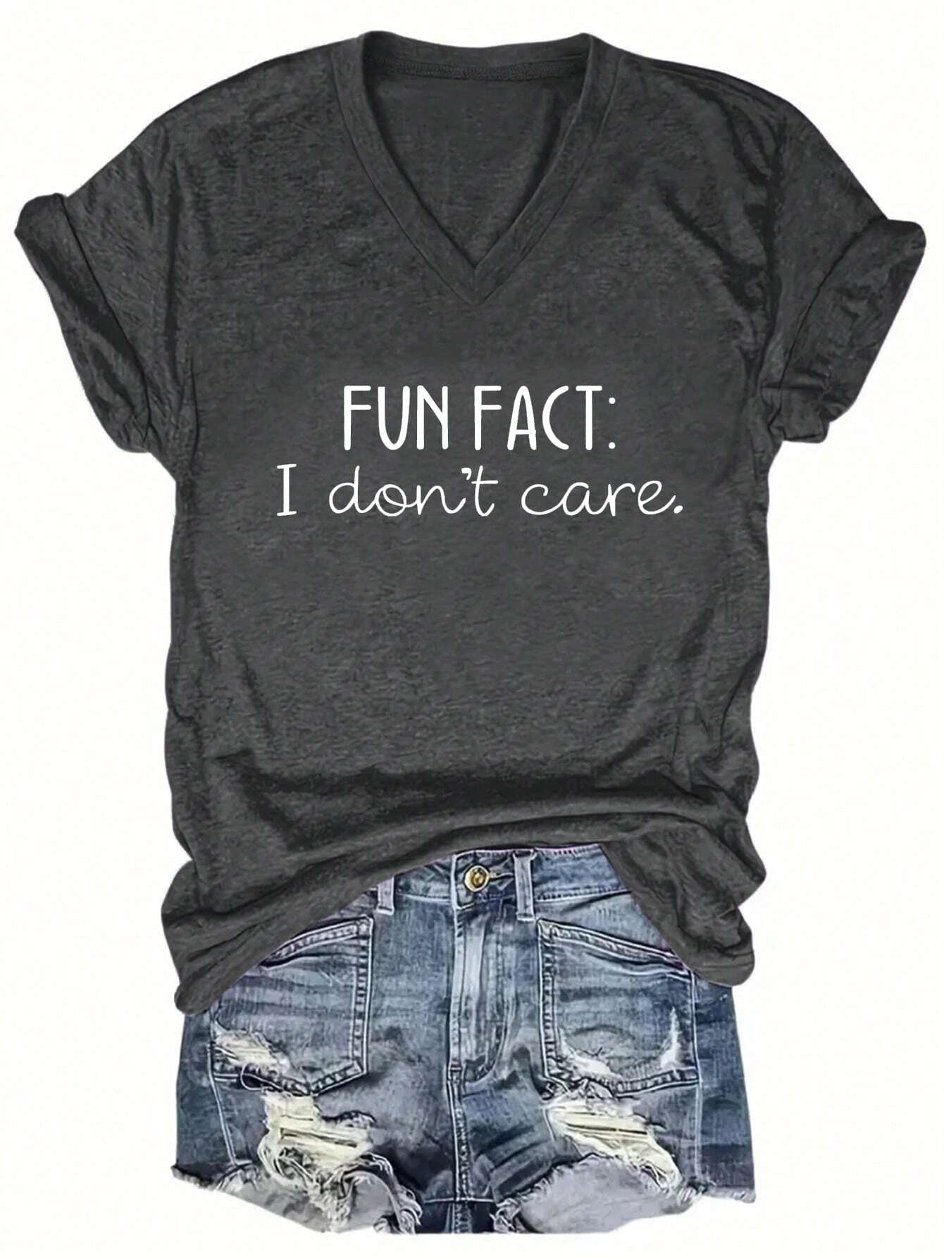 EZwear CURVE Women's Plus Size Summer V-Neck Short Sleeve Casual T-Shirt With Slogan Print FUN FACT I Don't Care Graphic Tees Women Tops