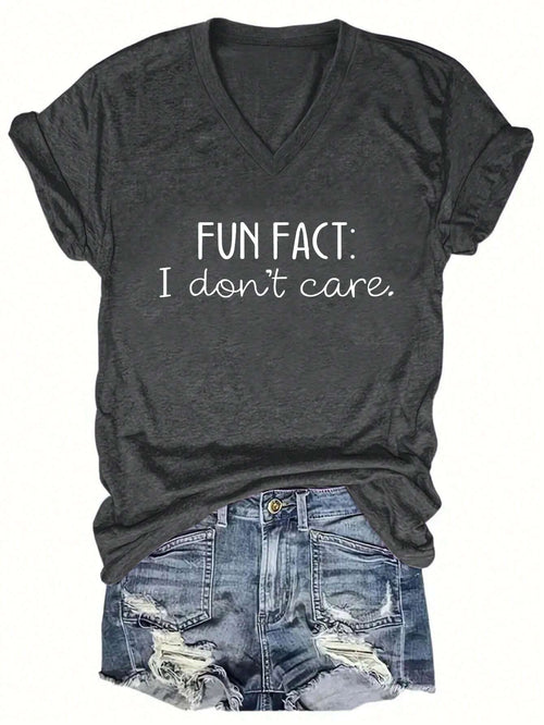 EZwear CURVE Women's Plus Size Summer V-Neck Short Sleeve Casual T-Shirt With Slogan Print FUN FACT I Don't Care Graphic Tees Women Tops