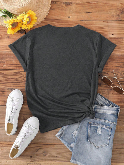 EZwear CURVE Women's Plus Size Summer V-Neck Short Sleeve Casual T-Shirt With Slogan Print FUN FACT I Don't Care Graphic Tees Women Tops