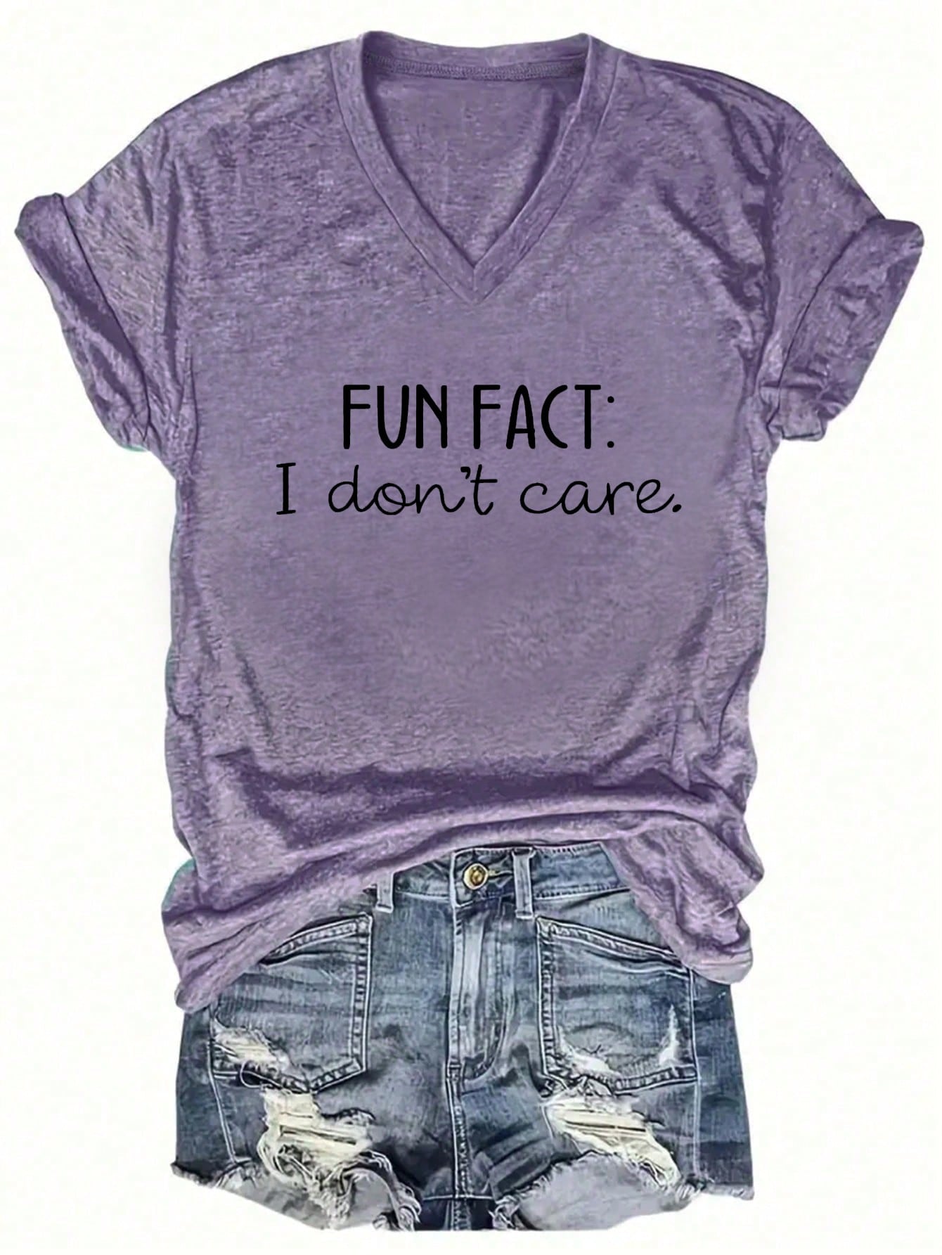 EZwear CURVE Women's Plus Size Summer V-Neck Short Sleeve Casual T-Shirt With Slogan Print FUN FACT I Don't Care Graphic Tees Women Tops