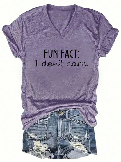 EZwear CURVE Women's Plus Size Summer V-Neck Short Sleeve Casual T-Shirt With Slogan Print FUN FACT I Don't Care Graphic Tees Women Tops