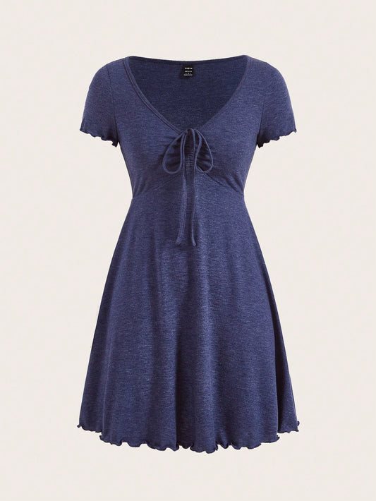 EZwear Lettuce Trim Knot Front Dress