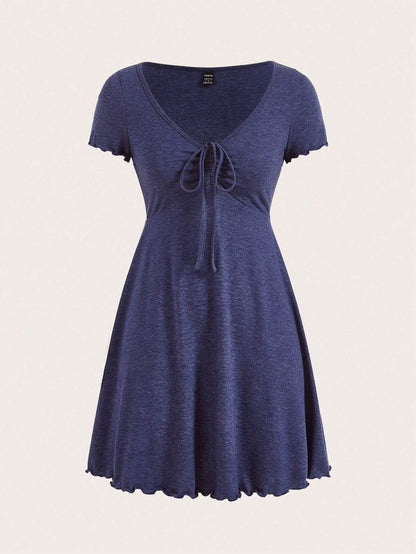 EZwear Lettuce Trim Knot Front Dress
