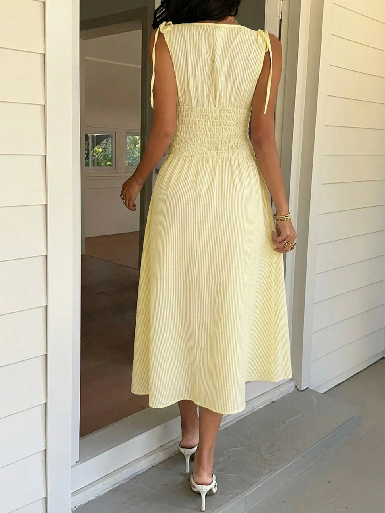EZwear Pale Yellow Striped Woven Women's Dress,Summer Dresses For Women