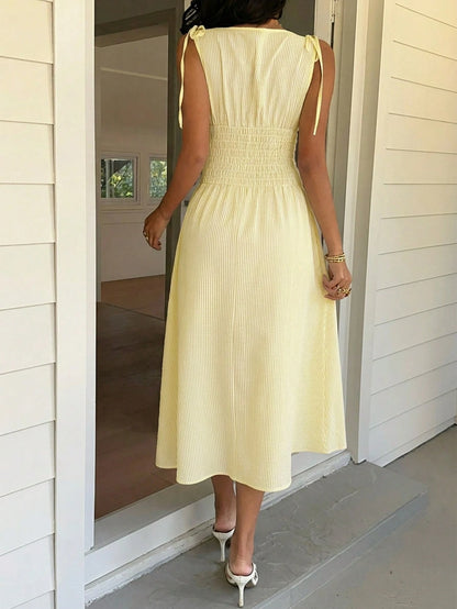 EZwear Pale Yellow Striped Woven Women's Dress,Summer Dresses For Women