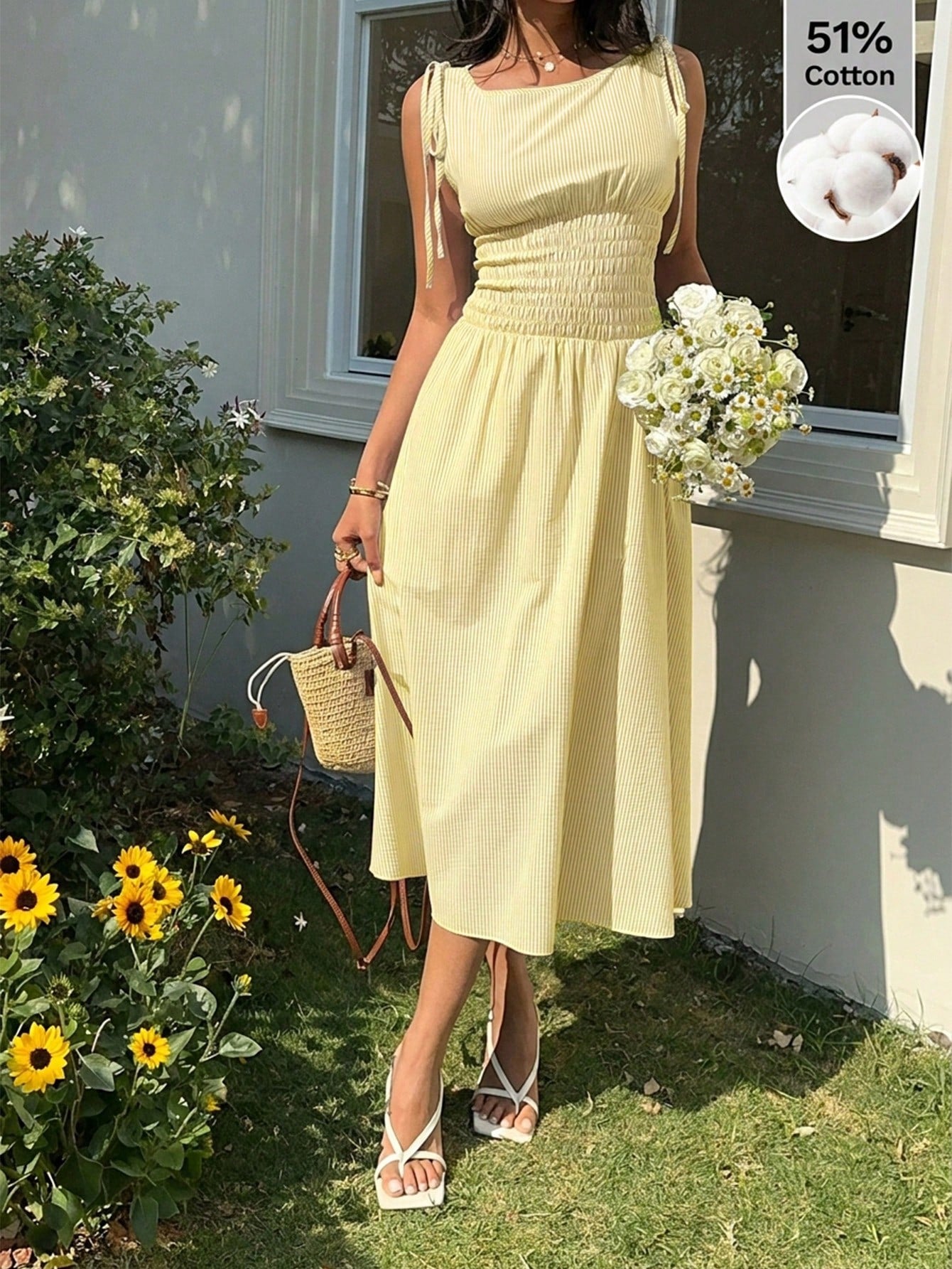EZwear Pale Yellow Striped Woven Women's Dress,Summer Dresses For Women