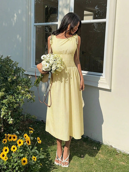 EZwear Pale Yellow Striped Woven Women's Dress,Summer Dresses For Women