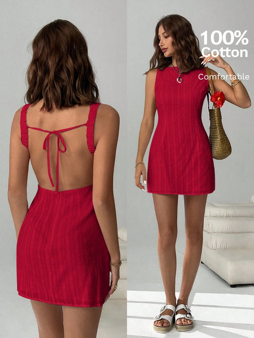 EZwear Plain Rose Red Sleeveless Mini Dress With Round Neck And Elegant Fitted Design Open Back Summer Dress,Casual Dresses For Women
