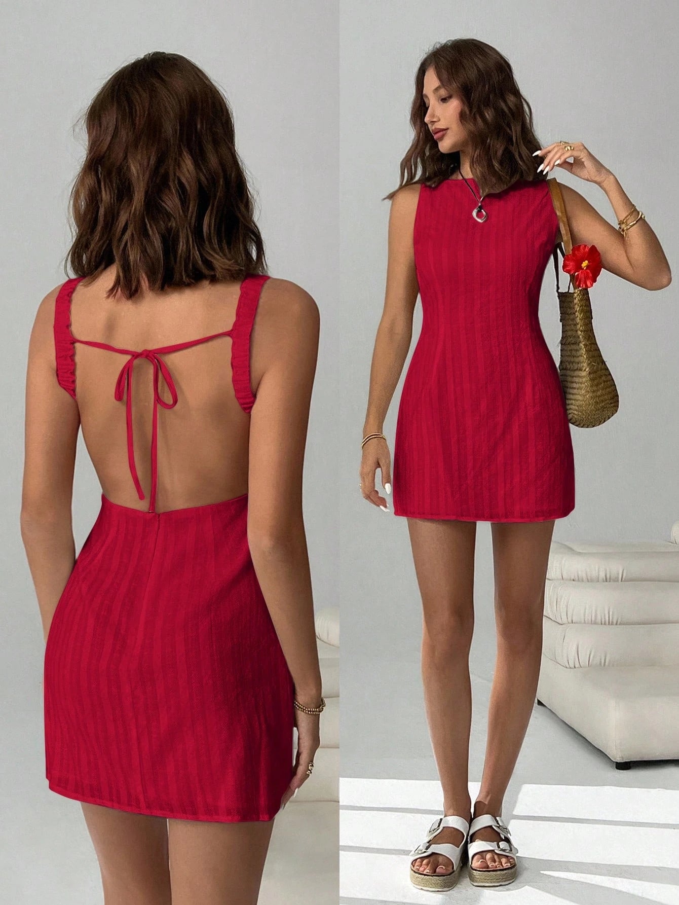 EZwear Plain Rose Red Sleeveless Mini Dress With Round Neck And Elegant Fitted Design Open Back Summer Dress,Casual Dresses For Women