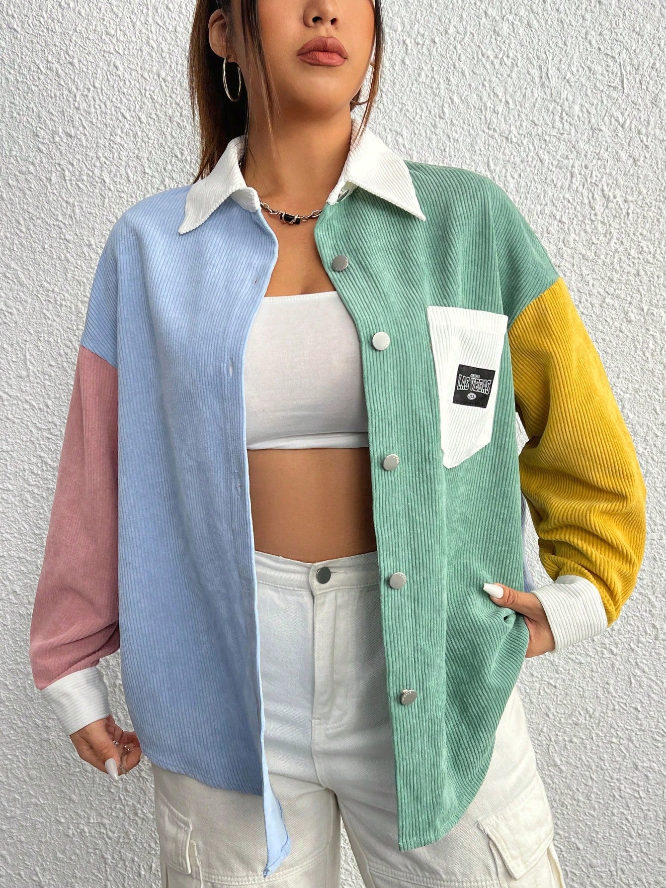 EZwear Plus Colorblock Letter Patched Detail Drop Shoulder Corduroy Coat Winter Fall Autumn
