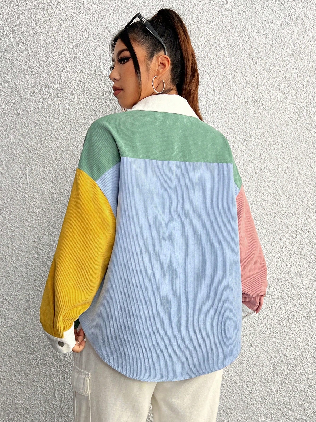 EZwear Plus Colorblock Letter Patched Detail Drop Shoulder Corduroy Coat Winter Fall Autumn