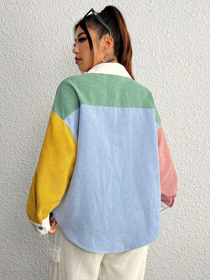 EZwear Plus Colorblock Letter Patched Detail Drop Shoulder Corduroy Coat Winter Fall Autumn