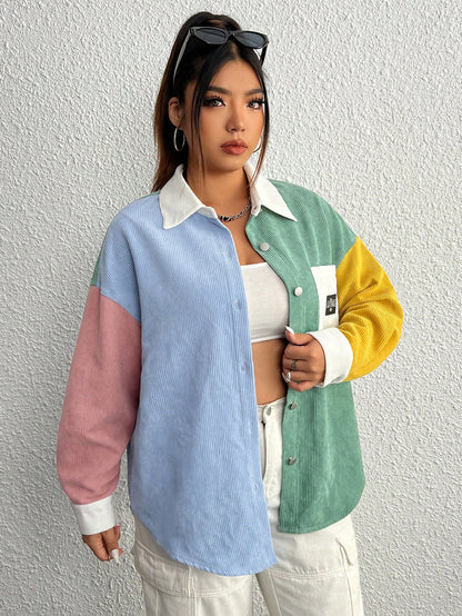 EZwear Plus Colorblock Letter Patched Detail Drop Shoulder Corduroy Coat Winter Fall Autumn