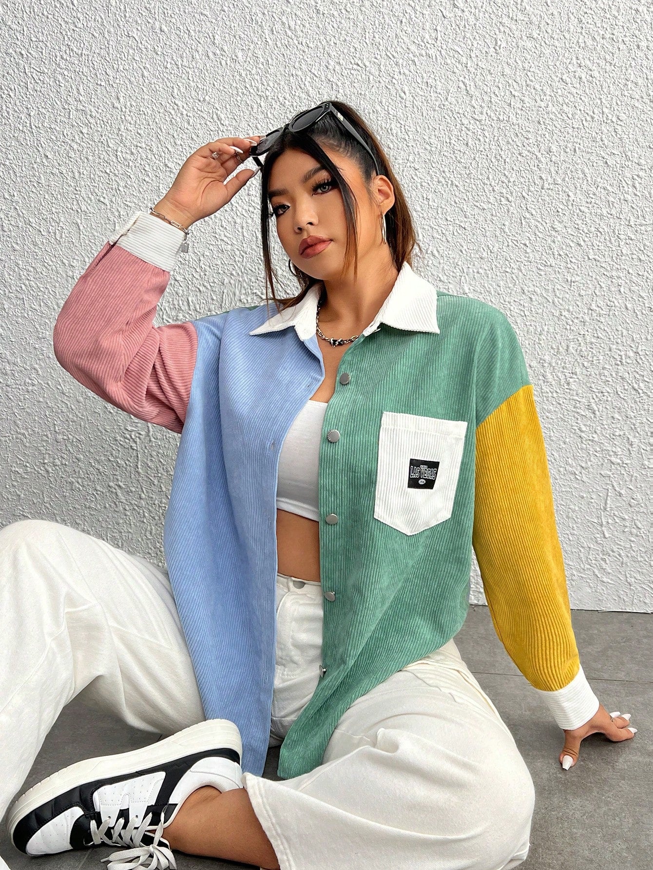 EZwear Plus Colorblock Letter Patched Detail Drop Shoulder Corduroy Coat Winter Fall Autumn