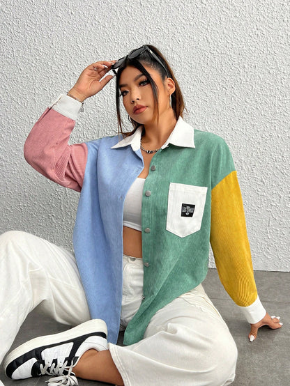 EZwear Plus Colorblock Letter Patched Detail Drop Shoulder Corduroy Coat Winter Fall Autumn
