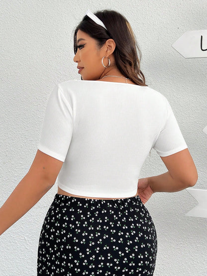 EZwear Plus Size Round Neck Short Sleeve T-Shirt With Tight Fit And Asymmetric Hemline For Summer Casual Wear