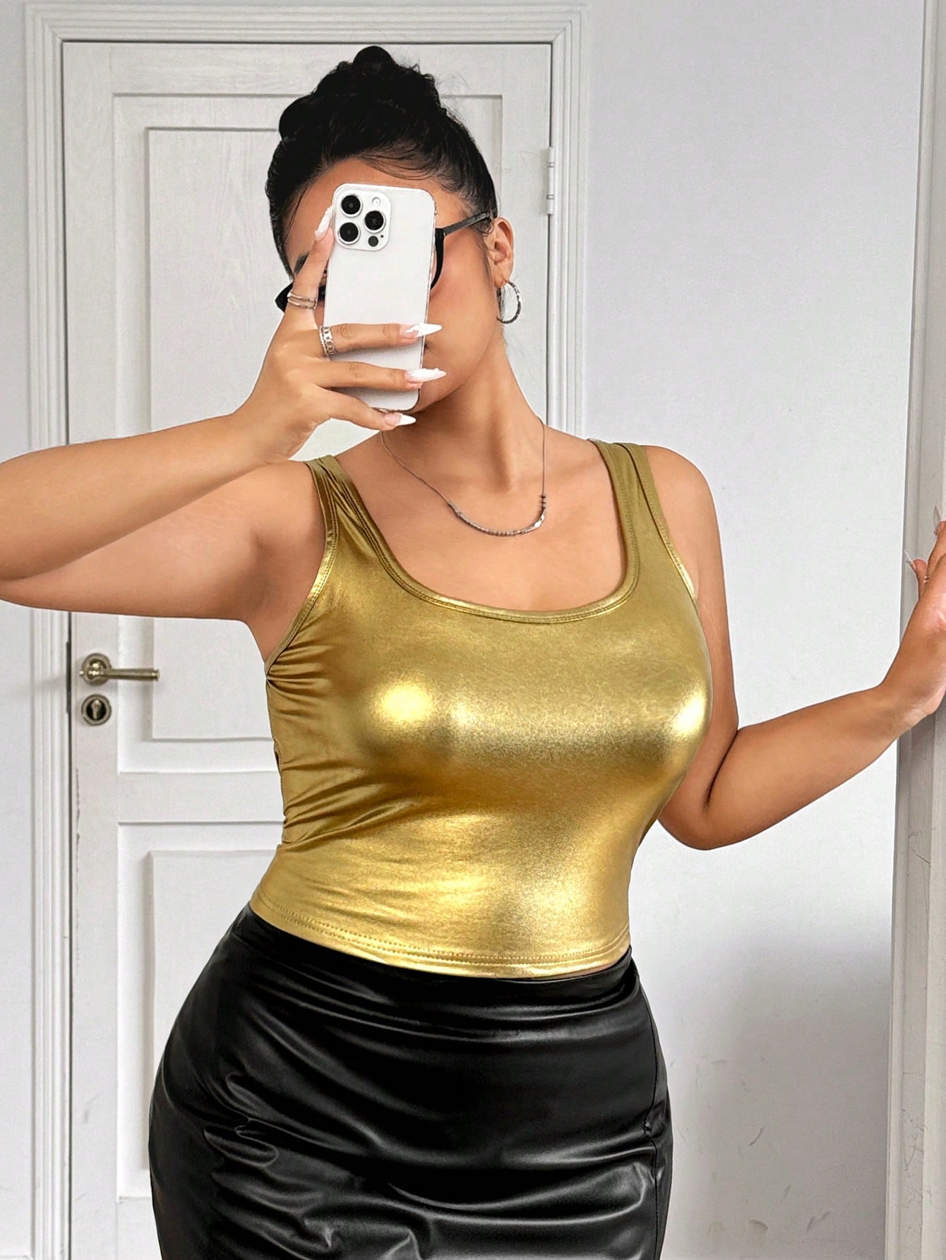 EZwear Plus Size Women Gold PU Panels Casual Tank Top, Suitable For Halloween Costume, Autumn/Winter