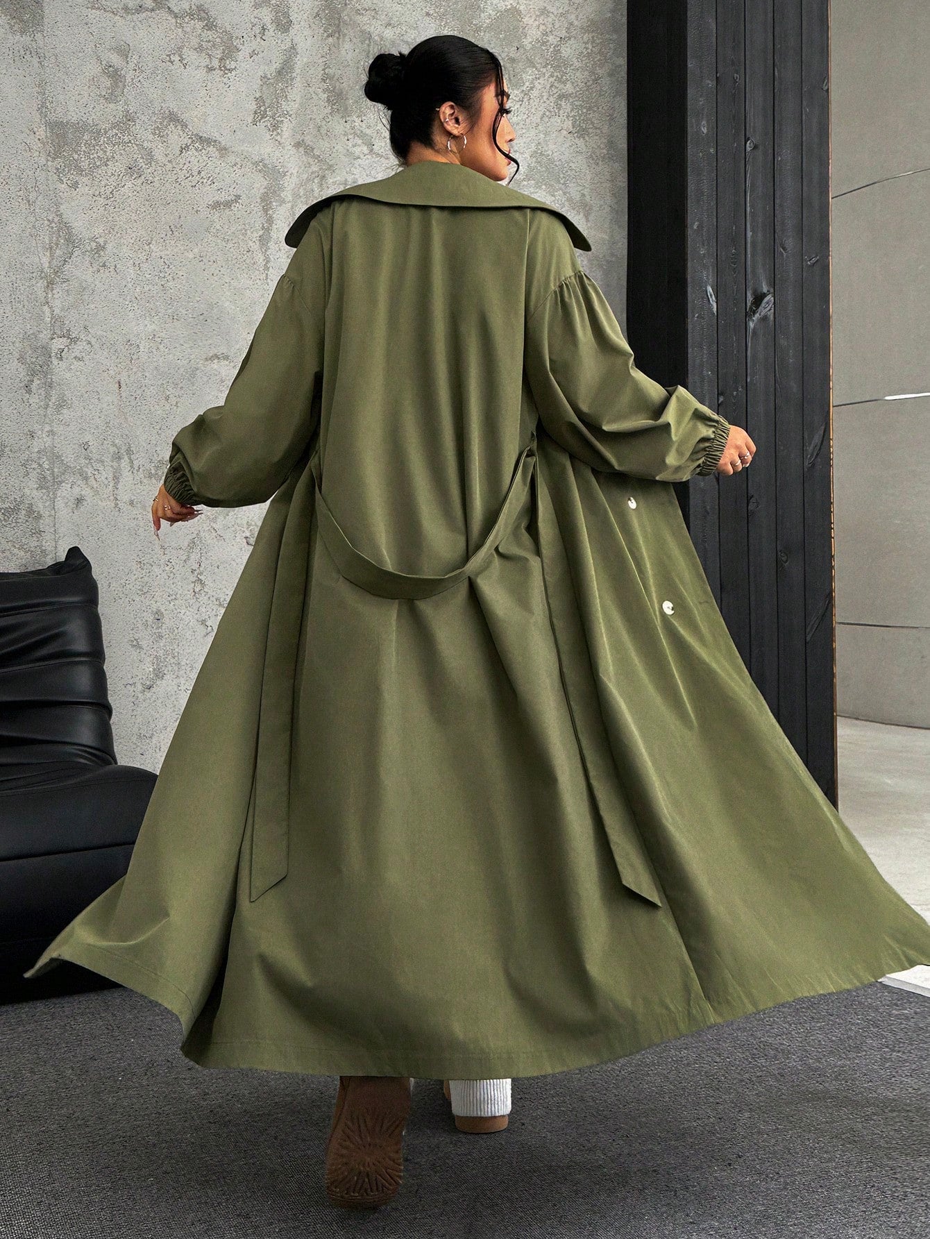 EZwear Plus Size Women Lapel Collar Long Sleeve Olive Green Long Trench Coat For Autumn Winter Fall