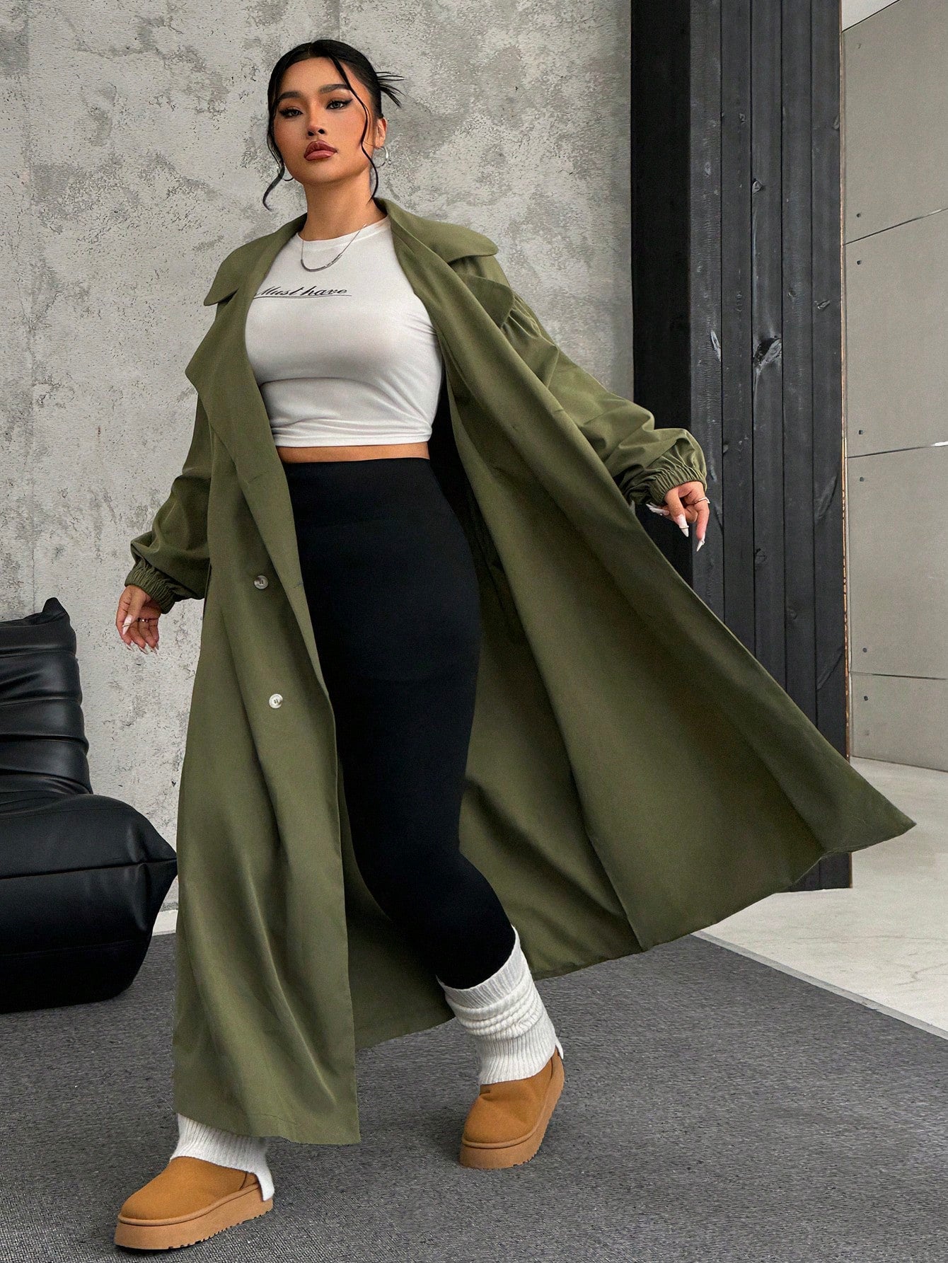 EZwear Plus Size Women Lapel Collar Long Sleeve Olive Green Long Trench Coat For Autumn Winter Fall